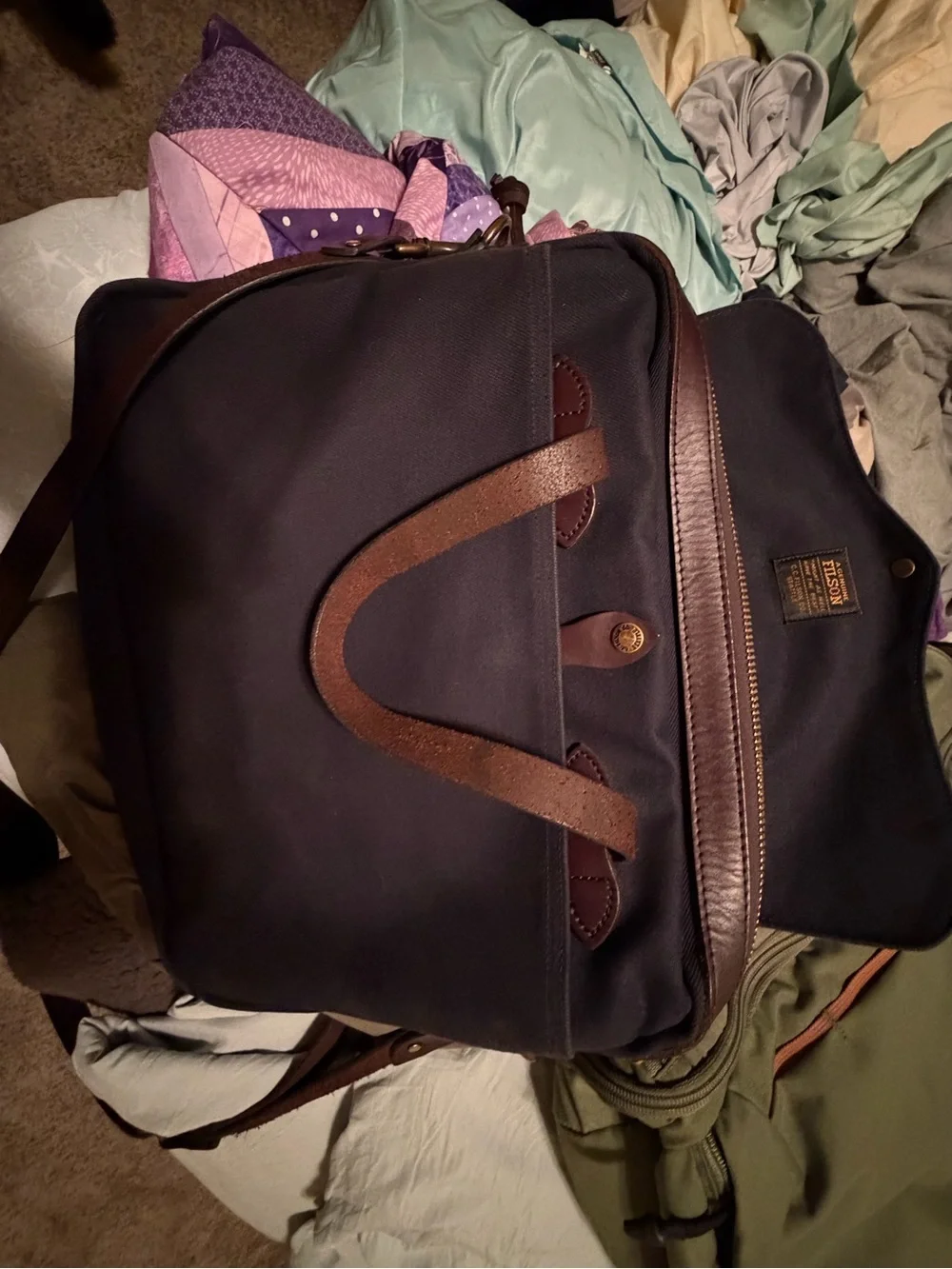 Filson Navy Canvas Messenger Bag with Brown Leather Trim